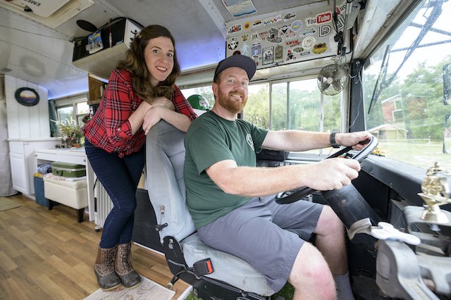 Elizabeth Hensley and Richard Tilford in their bus, Little House on the HWY. Photo by Cindy Sharp.jpg