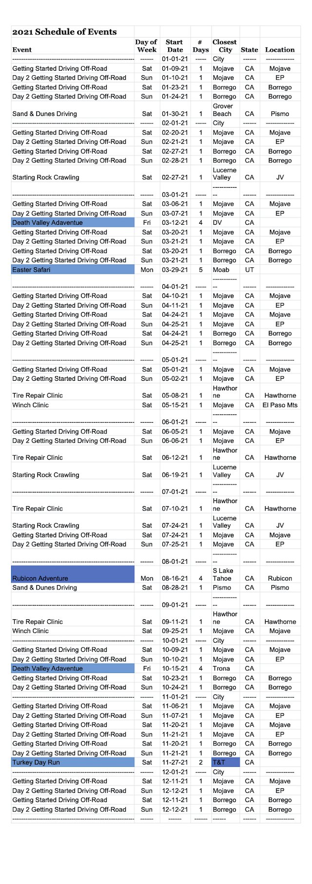 Badlands Off-Road Adventures 2021 Schedule of Events